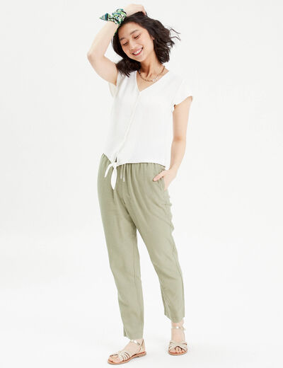 Pantalon droit fluide contenant du lin vert kaki femme