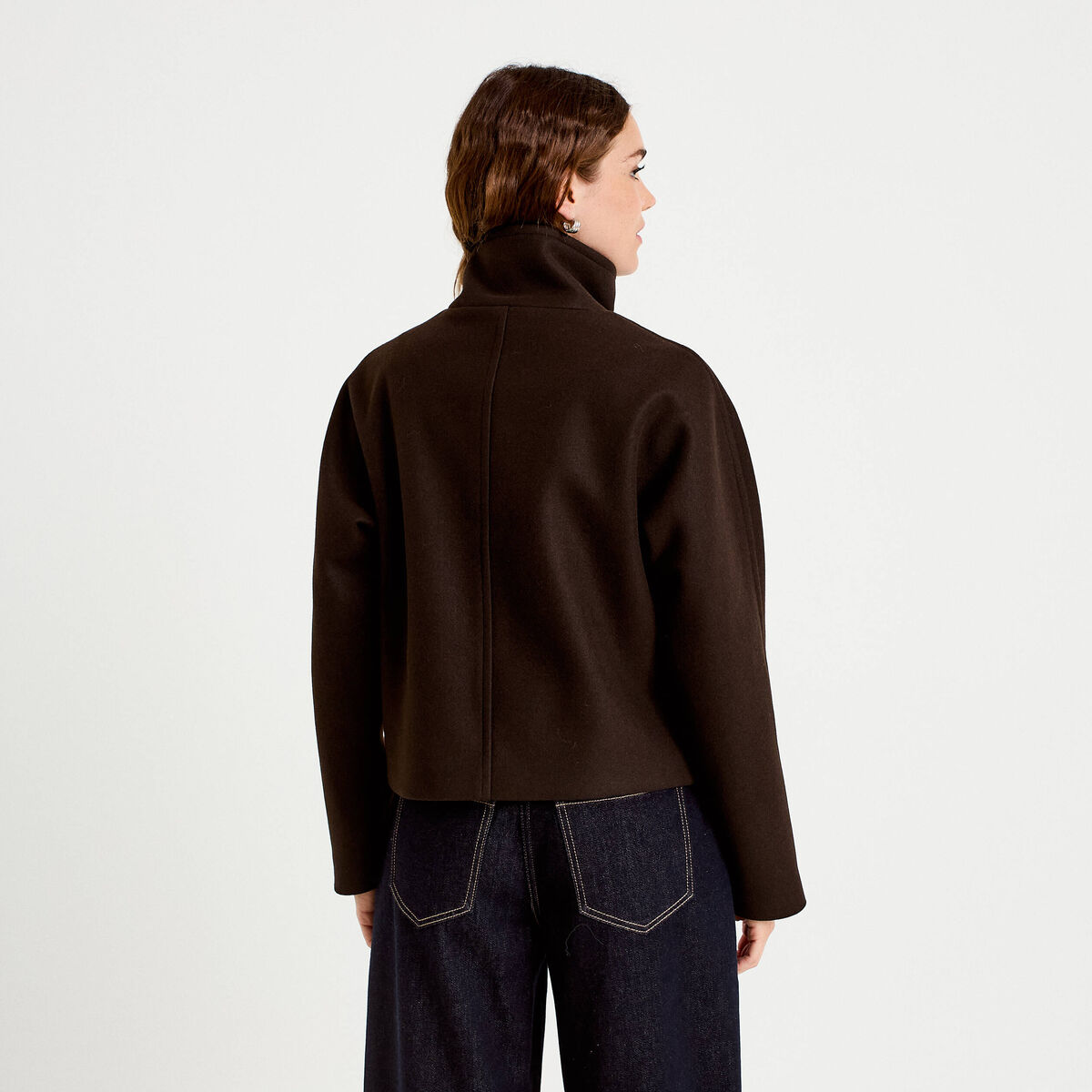 Veste chin&eacute;e col montant manches longues marron fonc&eacute; femme