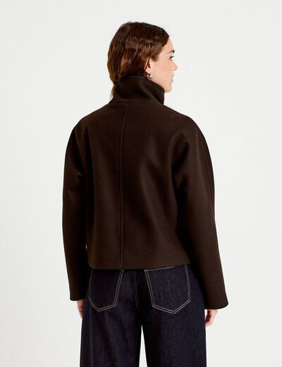 Veste chin&eacute;e col montant manches longues marron fonc&eacute; femme