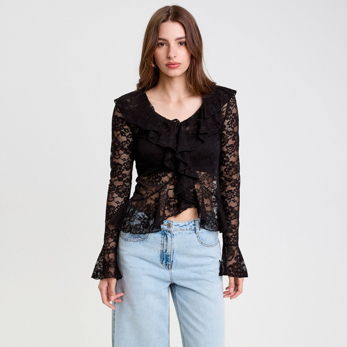 Blouse ajustée col V dentelle noir femme