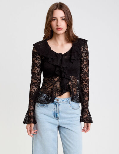 Blouse ajustée col V dentelle noir femme