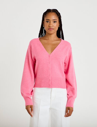 Gilet col v manches longues rose vif femme