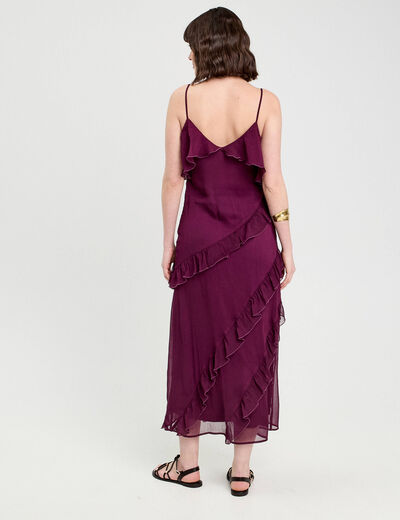 Robe longue droite volants prune femme