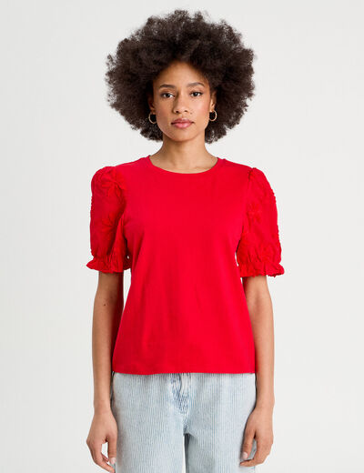 T-shirt manches brodées rouge femme