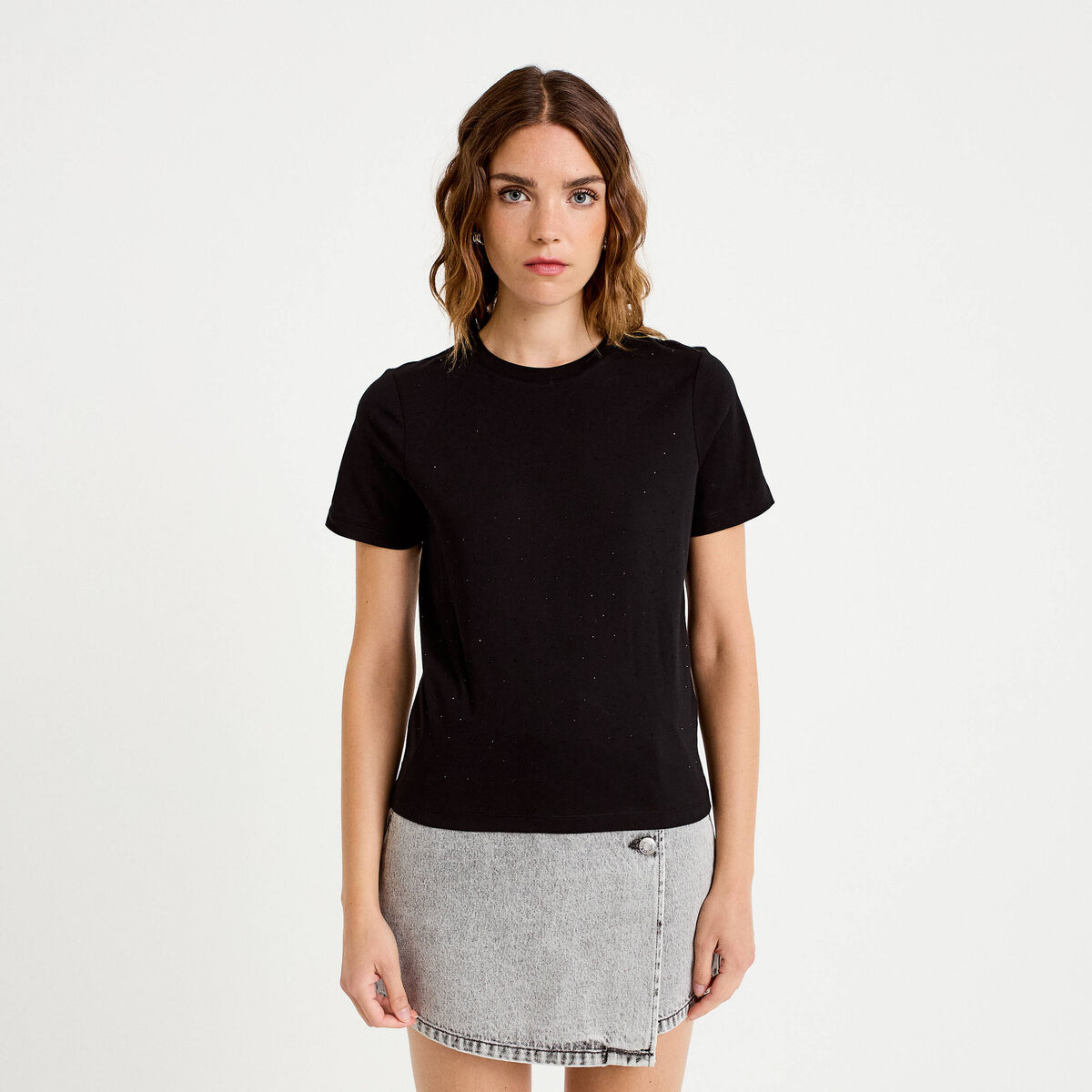 T-shirt &agrave; strass manches courtes noir femme