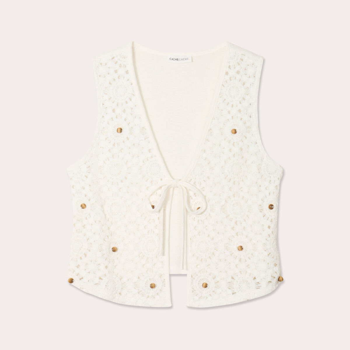 Gilet noué effet crochet ecru femme