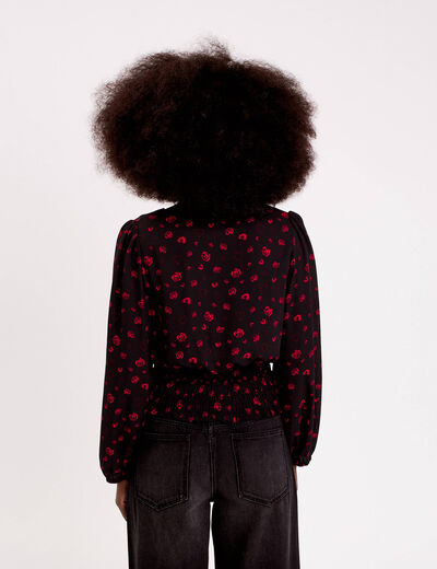 Blouse courte taille smock&eacute;e noir femme