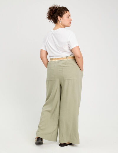 Pantalon large ceinturé contenant du lin vert kaki femme