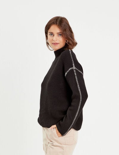 Pull brodé col montant noir femme