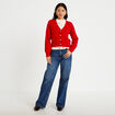 Gilet col v broderie manches longues rouge femme