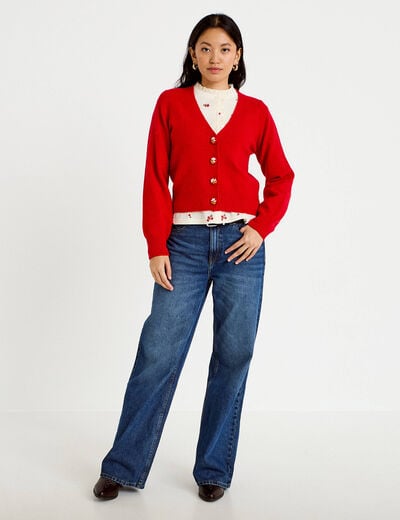Gilet col v broderie manches longues rouge femme