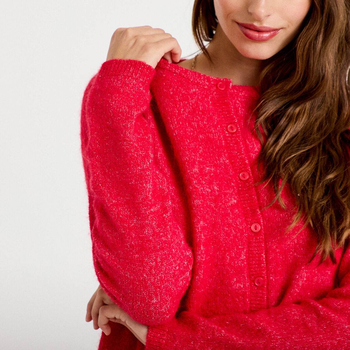 Gilet col rond manches longues rouge femme