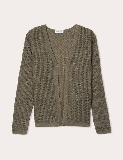 Gilet manches longues ajour&eacute; vert kaki femme