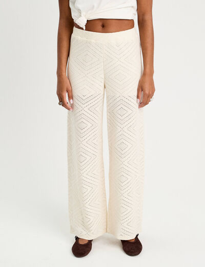 Pantalon droit ajouré ecru femme