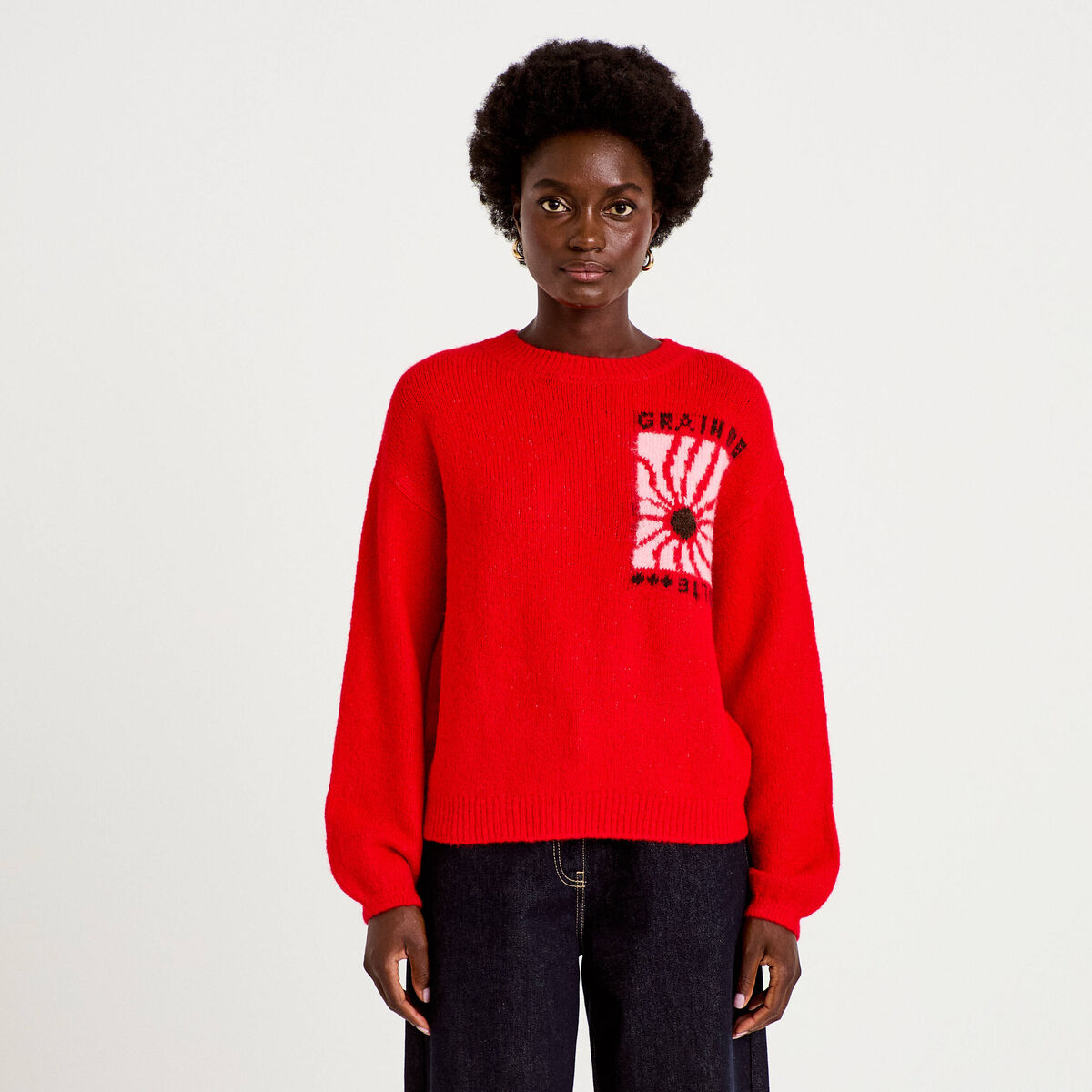 Pull ample col rond manches longues rouge femme