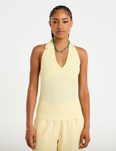 Top cintr&eacute; sans manches avec relief jaune pastel femme
