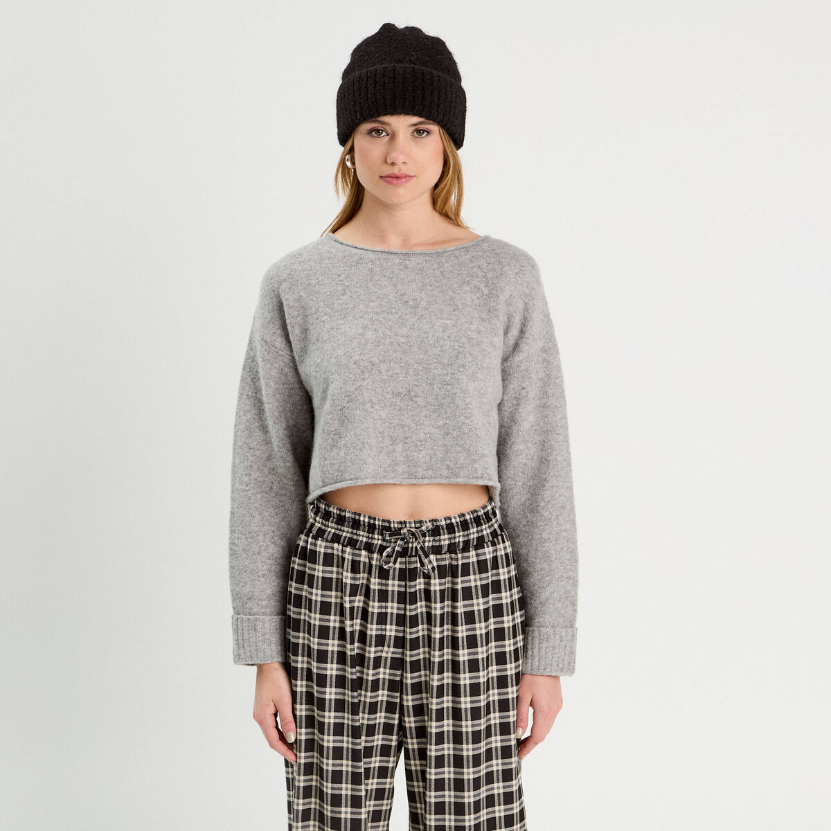 Pull cropped manches longues gris foncé femme