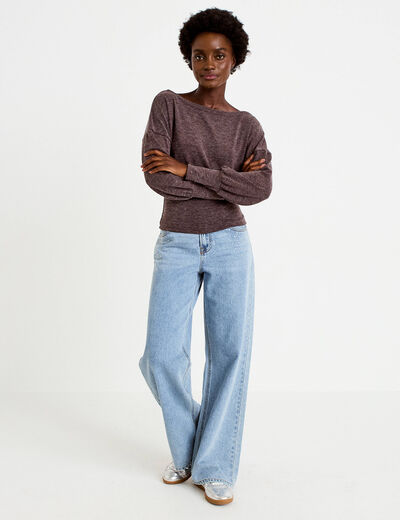 Pull col bateau manches longues marron fonc&eacute; femme