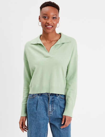 Pull col polo vert kaki femme