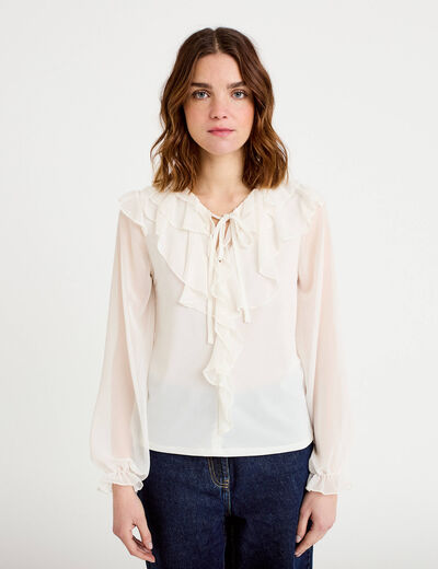 Blouse col v manches longues ecru femme
