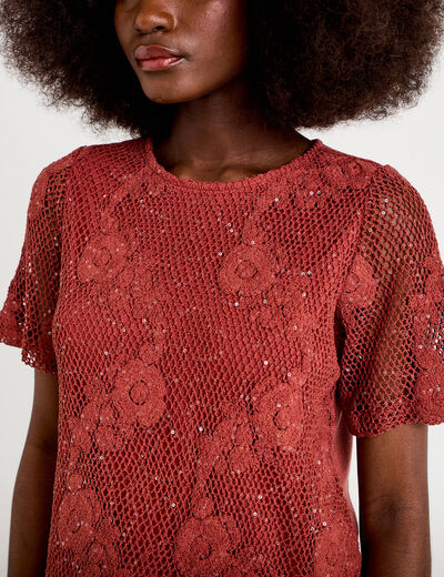 T-shirt manches courtes aspect dentelle vieux rose femme