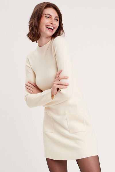 Robe pull droite avec poches ecru femme