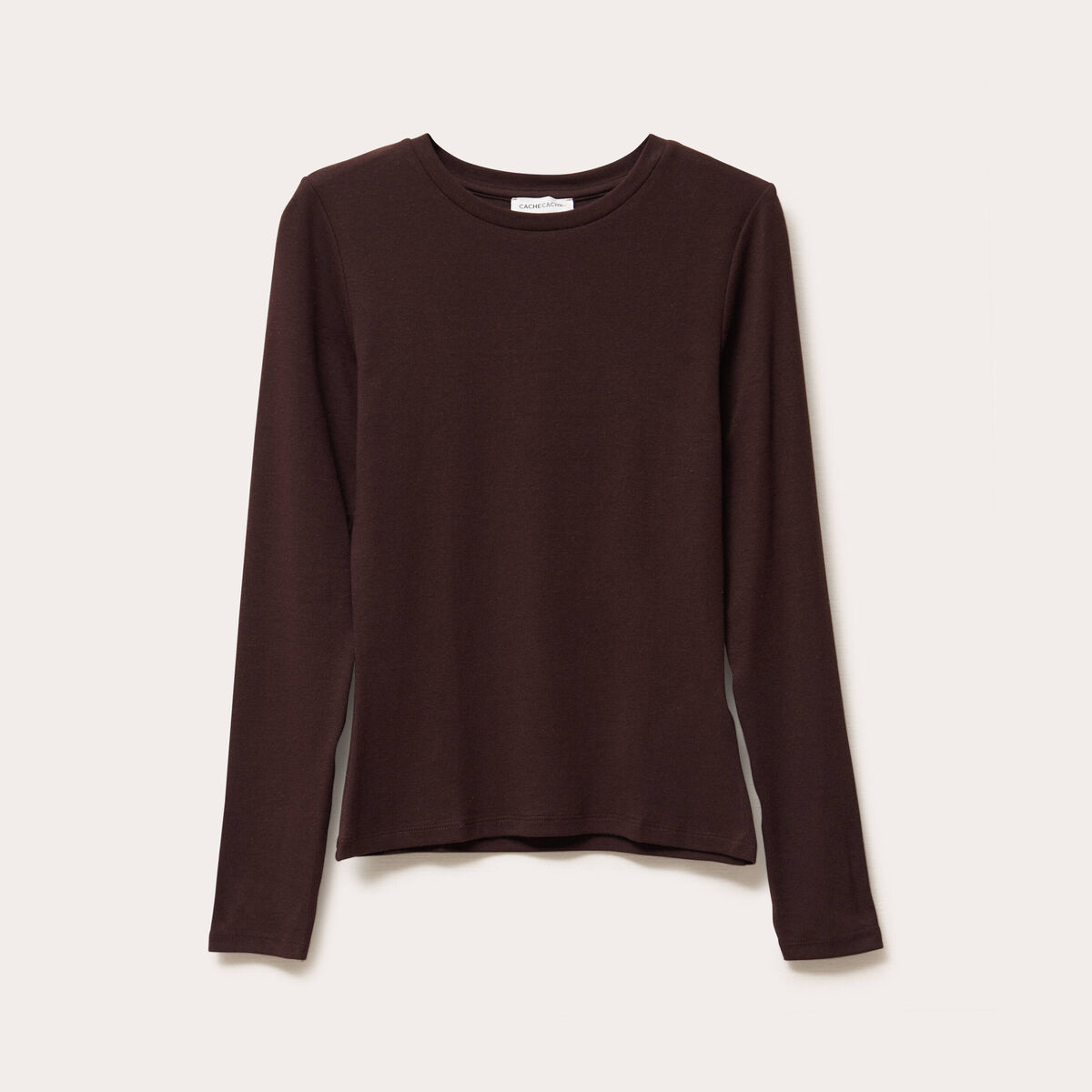 T-shirt cintr&eacute; col rond manches longues marron fonc&eacute; femme