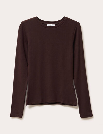 T-shirt cintr&eacute; col rond manches longues marron fonc&eacute; femme