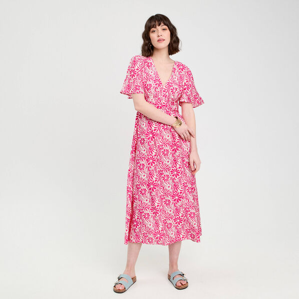 Robe longue évasée rose fushia femme