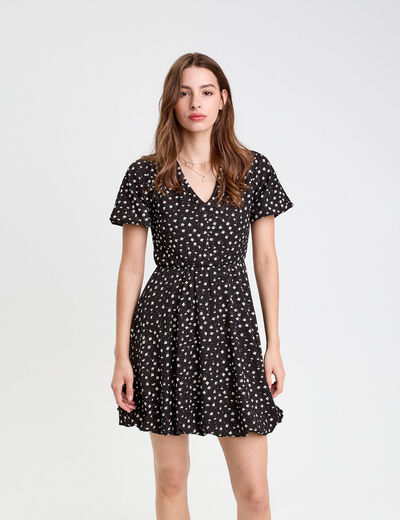 Robe courte évasée col v manches courtes noir femme