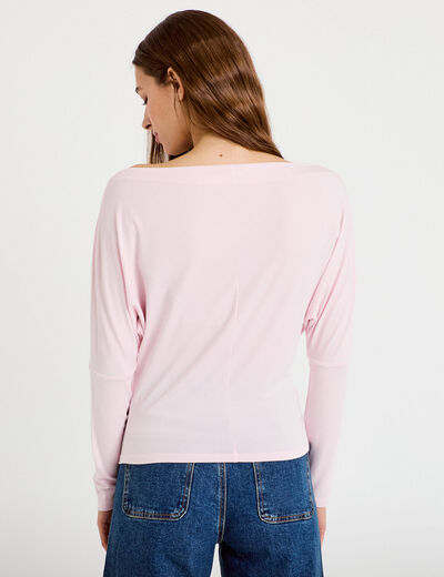 T-shirt col bateau manches longues rose clair femme
