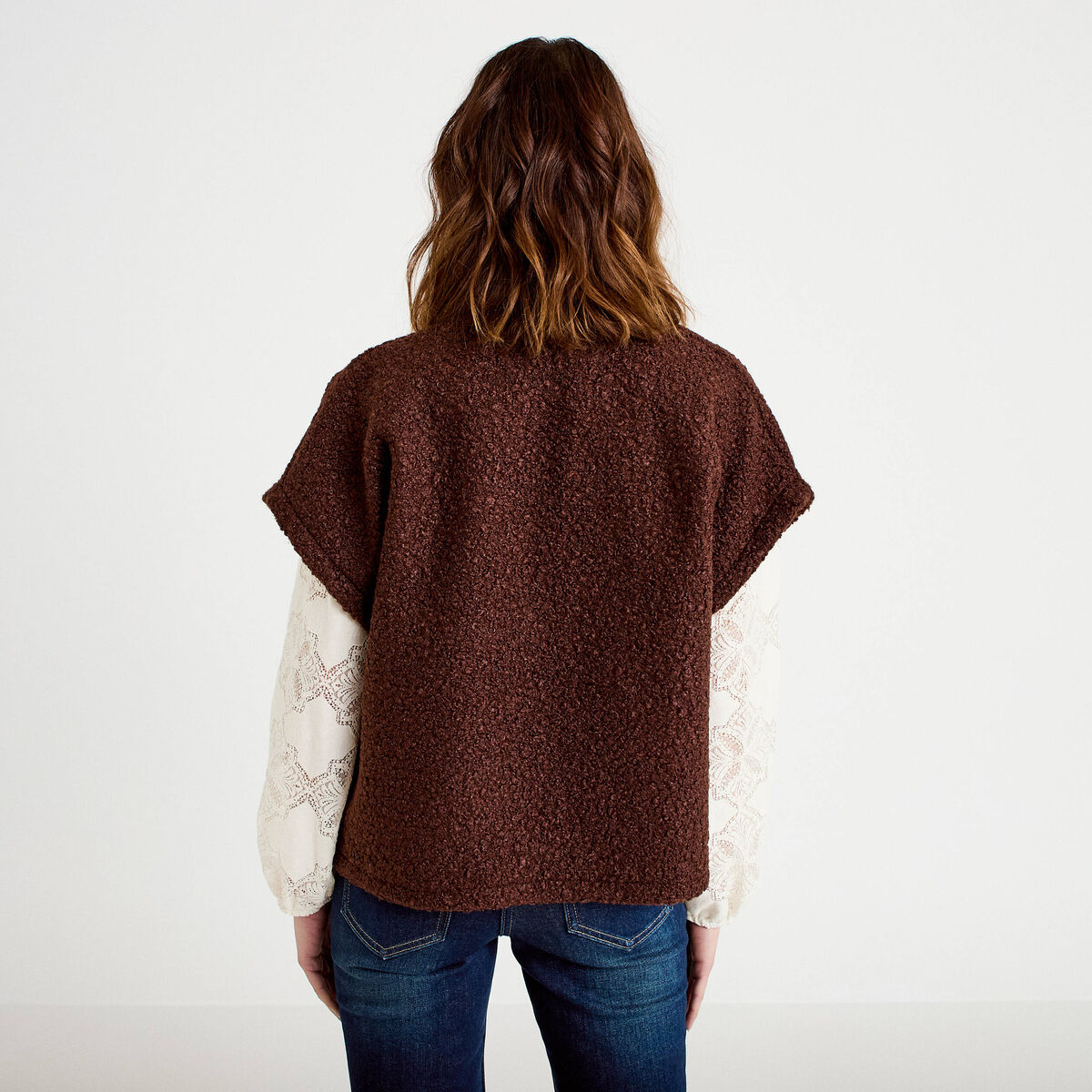 Gilet polaire manches courtes marron fonc&eacute; femme
