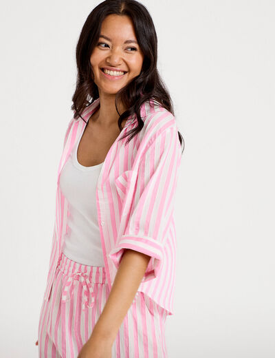 Blouse ample col tunisien manches 3/4 rose femme