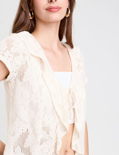 Blouse ajourée décolleté manches courtes ecru femme