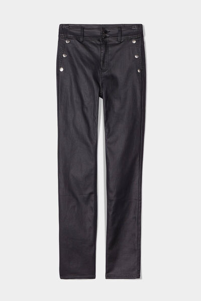 Pantalon regular enduit à pont noir femme
