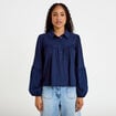 Blouse manches longues broderie bleu fonc&eacute; femme
