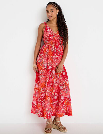 Robe longue &eacute;vas&eacute;e effet satin&eacute;e rouge femme