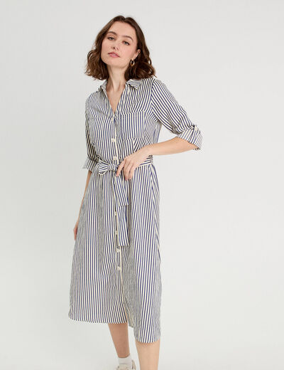 Robe longue chemise ceinturée bleu marine femme
