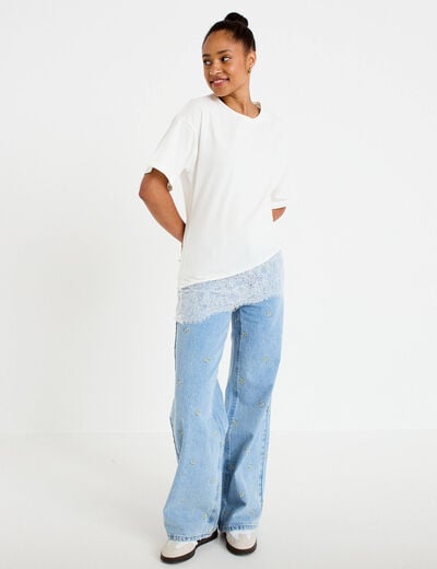 Jean wide leg broderie taille haute bleu femme