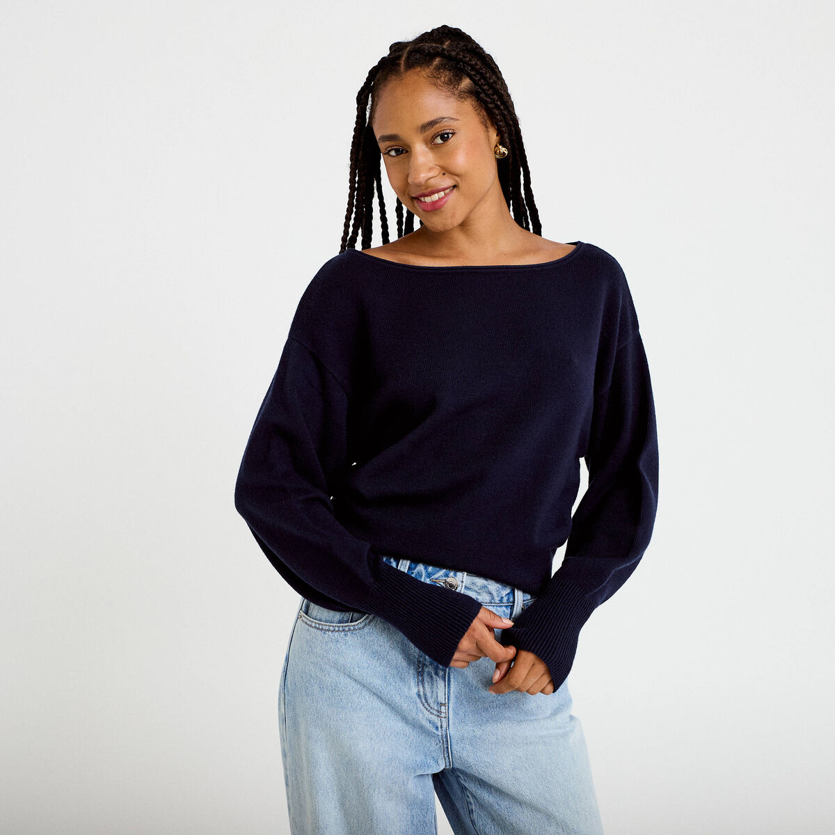 Pull oversize col bateau manches longues bleu marine femme