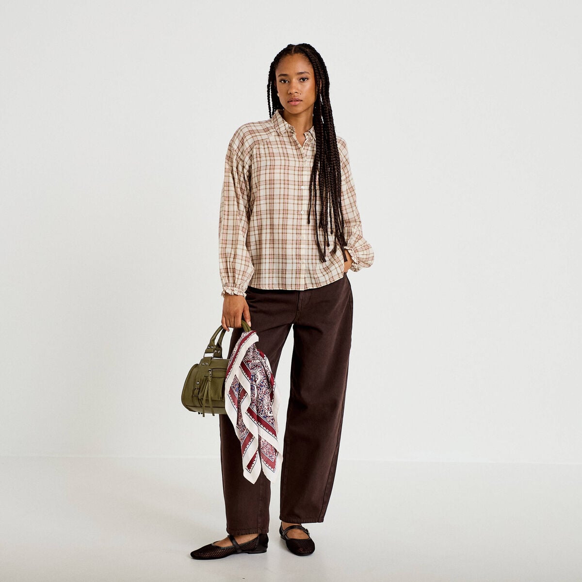 Chemise coupe ample manches longues marron femme