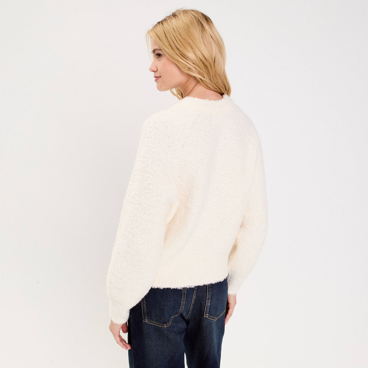 Gilet bouclette col rond manches longues ivoire femme