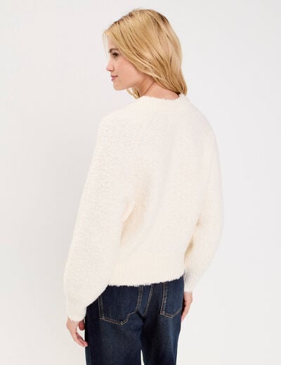 Gilet bouclette col rond manches longues ivoire femme