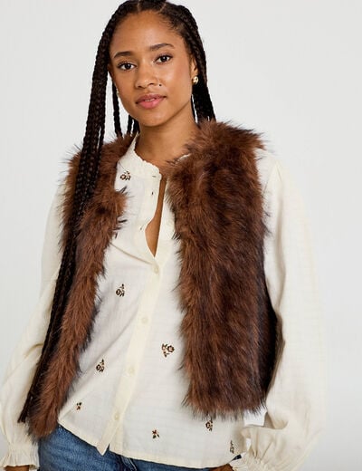 Gilet sans manches fausse fourrure marron femme