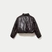 Doudoune cropped similicuir col montant marron fonc&eacute; femme