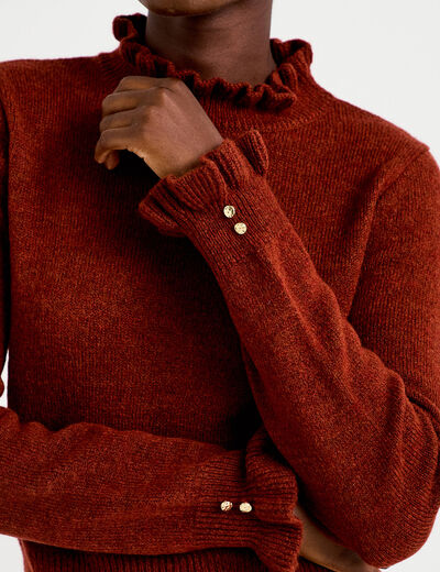 Pull ajust&eacute; col montant manches longues marron cognac femme