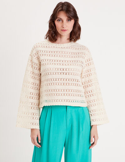T-shirt crochet manches pagode ecru femme