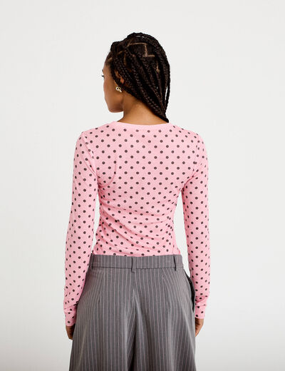 T-shirt ajust&eacute; col rond manches longues rose corail femme