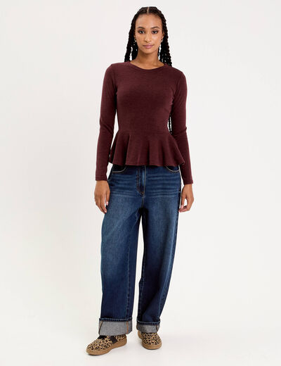 Pull ajusté court manches longues bordeaux femme