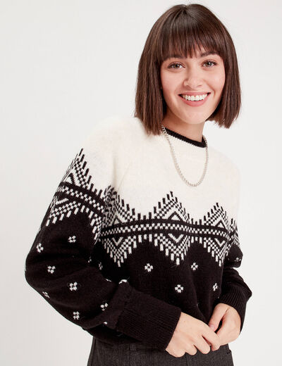 Pull manches longues col rond noir femme